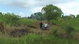 Een foto van een afstand genomen in Suriname, waarop een presentator met zijn handen in zijn zij staat naast twee andere mensen. Eén persoon wijst met zijn vinger in de verte. Ze staan tussen groene natuur en voor hen een gedeelte aarde en dorre planten.