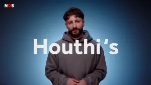 Een foto van een presentator met op de voorgrond het woord "Houthi's" in beeld. Houthi's is de naam van een Jemenitische rebellenbeweging.
