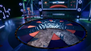 Een foto van de presentator en André Kuipers die in de Space Challenge studio staan. In het midden is een met de computer gemaakte Maanlander te zien die op de maan staat.