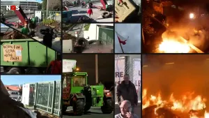 Een overzicht van foto's van demonstraties van boeren in diverse Europese landen. Op de foto's zijn met name acties te zien: voor een kantoorpand neergegooide banden en grond, een door een traktor geblokkeerde weg en twee brandende vuren. 