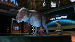 Een foto van twee mannen die in de studio staan van het Earth Challenge programma. Op de voorgrond is er een met de computer gemaakte Tyrannosaurus Rex zichtbaar, dat is een enorme vleesetende dinosaurus.