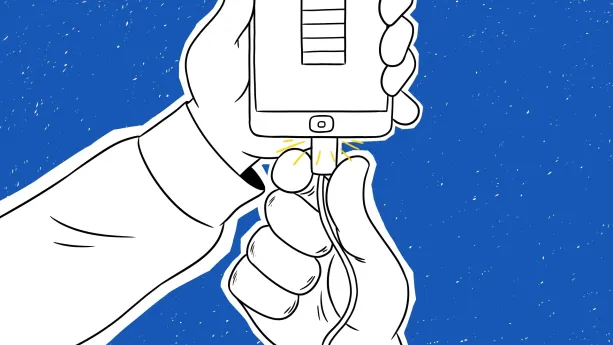 Een tekening van een arm van een persoon die in zijn of haar hand een mobiele telefoon heeft en met de rechterhand de oplaadkabel in de mobiele telefoon doet. Op de mobiele telefoon is het symbool van een batterij met streepjes erin zichtbaar. 