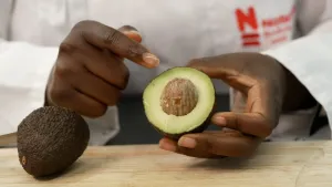 Een foto van een doorgesneden avocado waarvan de ene helft door iemand in de linkerhand gehouden wordt. Met de rechterhand wijst de persoon naar de pit van de avocado, die er nog inzit. De andere helft van de avocado ligt op een snijplank.