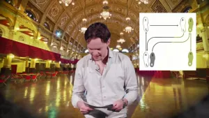 Een foto van een presentator met op de achtergrond een danszaal.  De presentator kijkt naar een vel papier in zijn handen, waarvan de opdruk rechts ook in beeld te zien is. Op het papier staan danspassen getekend die horen bij de danssoort wals.