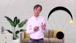 Een foto van een presentator met daarnaast een getekende zwarte parachute waar een zwarte punt onder hangt.