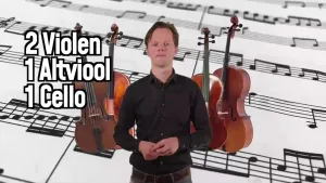 Een foto van een presentator met achter de presentator foto's van vier strijkinstrumenten. Ook  de namen en aantallen van de vier strijkinstrumenten zijn te zien: "2 Violen", "1 Altviool" en "1 Cello".  Op de achtergrond is een muziekstuk zichtbaar.