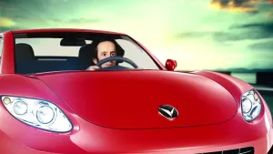 Een animatie van een rode sportauto met aan het stuur de componist Felix Mendelssohn. 