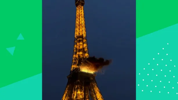 Een door AI gemaakte foto waarop de top van de Eiffeltoren in Parijs te zien is die in brand staat. 