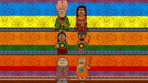 Een animatie van het kastenstelsel, het hiërarchisch systeem van het Hindoeïsme. Van één man en één vrouw is per kaste een tekening te zien. De brahmanen staan bovenaan, de Kshatriya's eronder en de Vaishya's staan als derde kaste uitgebeeld. 