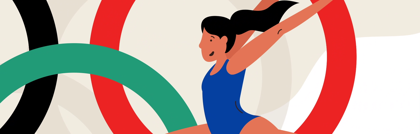 Turnster in blauw turnpak maakt sprong voor gekleurde Olympische ringen