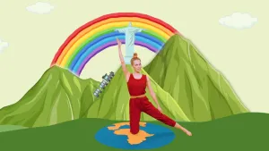 Een foto van presentator Roos die in een Yogahouding met een knie op de grond zit en heeft een arm naar boven gestrekt. Op de achtergrond zijn er bergen met een beeld van Jezus erboven. Er rijdt een treintje op een berg richting het beeld.