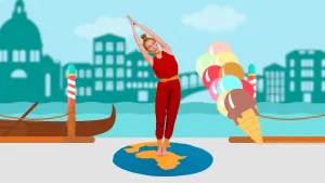 Een foto van presentator Roos in een Yogahouding met haar armen boven haar hoofd op een platte wereldbol staat. Rechts is er een hoorntje ijs te zien met veel bollen en op de achtergrond is er Venetië te zien. Dat is een stad in Italië met veel water.