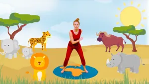 Een foto van presentator Roos die boven op een platte wereldbol staat in een soort Safari landschap. Er staan allemaal dieren om haar heen waaronder een leeuw, neushoorn en twee olifanten.