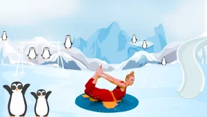 Een foto van presentator Roos die in een yogahouding op haar buik ligt en met haar handen haar voeten vasthoudt. Links staan er twee Pinguïns met zonnebrillen op. Op de achtergrond staan er nog meer in een ijslandschap met rechts een glijbaan.  