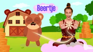 Een foto van presentator Roos met rechts de tekst 'Beertje'. Links staat er een beertje met gesloten ogen en er loopt een lichtstraal uit zijn hart die tussen de handen van Roos gaat en daar schijnt. Op de achtergrond is er een landschap met een stal.