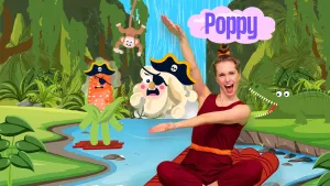 Een foto van presentator Roos die in een yogahouding zit. Tussen haar handen is er een getekend hoofd van een piraat. Boven haar staat de tekst 'Poppy'. Op de achtergrond is een tekening van een oerwoud met een andere piraat, een hangende aap en krokodil.