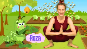 Een foto van presentator Roos die door haar knieën op de grond zit met haar handen tegen elkaar. Links van haar is een roze wolk te zien met de tekst 'Reza' erin. Op de achtergrond is er links een rups met daarachter een bijenkorf met allemaal bijen.