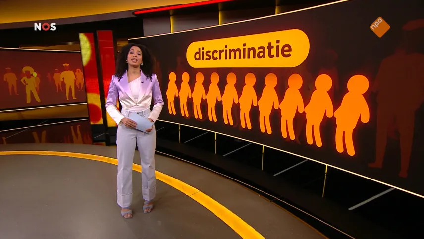 Een foto van de presentator bij een groot scherm. Op het scherm staan het woord "discriminatie" en tien poppetjes.