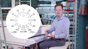 Een foto van een presentator die zit achter een witte piano. Links van de presentator is een getekende kwintencirkel zichtbaar. Op de achtergrond is een uitgeklapte trap zichtbaar en een aantal van het dezelfde soort opgestapelde trappen.