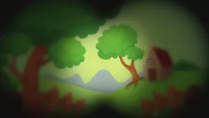 Een animatie van een huis en bomen op een groene vlakte met een tuinhek ervoor en in de achtergrond zichtbare heuvels. De animatie is in het midden licht en scherp, maar verder onscherp en donker. De uiterste zijkanten van de animatie zijn zwart.