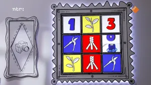 Een tekening van een tabel met negen gekleurde vlakjes op een zwart-witte achtergrond. Naast de tabel is een tekening van een fototoestel.