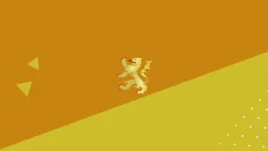 Een animatie van het symbool van de familie Oranje-Nassau en Nederland, de leeuw. De leeuw staat in het midden op het oranje gedeelte van een achtergrond waarvan de onderste helft geel is . Ook zijn twee gele driehoeken en witte stippen zichtbaar.