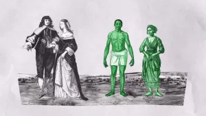 Een tekening van vier mensen. Links staan twee deftig geklede witte mensen. Rechts staan twee eenvoudig geklede mensen van kleur. Ze zijn groen gekleurd terwijl de rest van de tekening zwart-wit is.