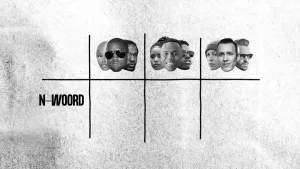 Een tabel met twee rijen. Op de bovenste rij staan groepjes foto's van gezichten met verschillende huidskleuren. Voor de onderste rij staat het woord "n-woord".