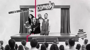 Een zwart-wit illustratie van een podium met de tekst 'comedy' erbovenop. Er staan foto's van vier bekende Nederlanders op het podium met een rode lijn dwars haaks erdoorheen. Een pijl wijst naar de lijn met de tekst 'Morele & sociale grens'.