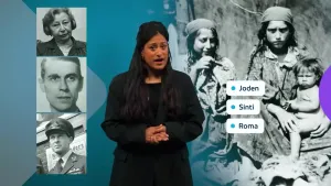 Een foto van een presentator met ernaast drie mensen die actief meehielpen bij het verzet in Nederland: Miep Gies, Walraven van Hall en Erik Hazelhoff Roelfzema. Ook is een opsomming van slachtoffers van de nazi's zichtbaar: "Joden", "Sinti" en "Roma".