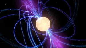 Een animatie van een pulsar, dat is een kleine rondtollende ster in de ruimte. Om de pulsar heen zijn blauwe lijnen zichtbaar die de eerdere bewegingen van de pulsar laten zien.