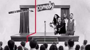 Een animatie van een podium met publiek. Boven het podium staat "comedy" en ernaast de tekst "morele & sociale grens". Op het podium staan foto's van bekende 'grappenmakers': Arjen Lubach, Hans Teeuwen, Soundos El Ahmadi en Edson da Graça.