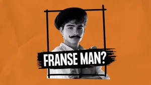 Een animatie met in het midden een bewerkte foto in een zwart getekend kader van een man die een Franse baret opheeft, een grote, krullende snor heeft en een stokbrood in zijn armen heeft. De tekst "Franse Man?" is zichtbaar voor de foto.