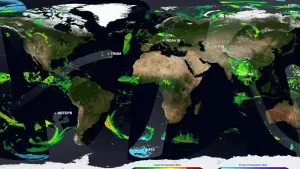 Een foto van een programma dat weersvoorspellingen doet. Het programma werkt aan de hand van gegevens over de atmosfeer die weersatellieten verzamelen, zoals gegevens over temperatuur en luchtvochtigheid