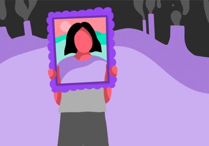 Illustratie van mens zonder gezicht met paarse lijst op paarse achtergrond met fabrieken.