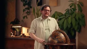 Een foto van Diederik Jekel die achter een oude wereldbol staat die van hout is gemaakt. Achter hem staan veel planten en een kast met verschillende spullen erop.