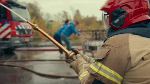 Een foto van een man in een brandweerpak met een helm op. Die een brand blust met een ouderwetse brandweerspuit.