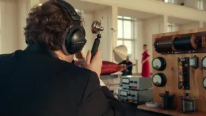 Een foto van de rug van een man die in een grote ruimte achter een tafel zit met ouderwetse techniek. Hij heeft een oude telefoon in zijn hand.