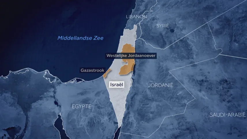 Een kaart van het gebied in en rondom Israël. De Gazastrook en de Westelijke Jordaanoever worden in het bruin getoond.