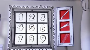 Een zwart-witte tekening van een tabel met negen vakjes met cijfers erin. Naast de tabel staan drie rode vakjes met een beitel, een zaag en snaren.