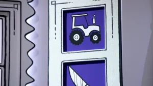 Een zwart-witte tekening met hiering twee paarse blokken boven elkaar. In het bovenste blok staat een tractor, in het onderste een puntig mes.