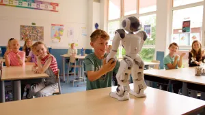 Een foto van een klaslokaal waar op het voorste bureau een robot staat. Een jongen heeft de robot vast bij zijn armen en de andere kinderen kijken geïnteresseerd toe.