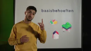 Een foto van presentator Nizar die voor een projectscherm staat. Op het projectiescherm staat het woord "basisbehoeften" en tekeningen van een bord met eten, een stapel kleding en een huis.