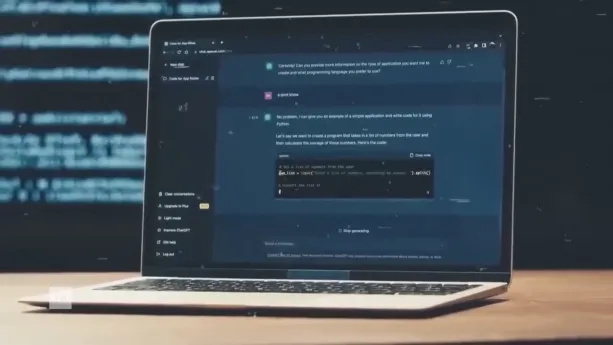 Een foto van een laptop die open staat. Op het beeldscherm staat er een AI programma open waarmee gepraat wordt over hoe je een computer programma kan schrijven.