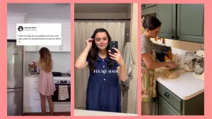 Drie foto's van vrouwen naast elkaar. De vrouw in het midden maakt een foto van zichzelf, met hierover de tekst "fix my hair". De andere twee vrouwen staan in de keuken eten klaar te maken. Over de linkerfoto staat een twitterbericht.
