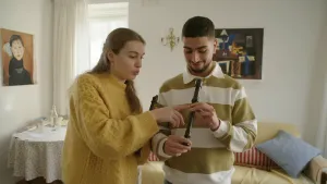 Een foto van presentator Nizar met een blokfluit in zijn hand. Naast hem staat een blokfluitiste die hem wat uitlegt over de blokfluit.