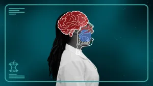 Een animatie van een presentator die van de zijkant te zien is met daaromheen een lichtblauw kader. De presentator houdt de mond open en gaapt. Op de presentator zijn de stembanden en hersenen getekend op de plek waar ze zich bevinden.