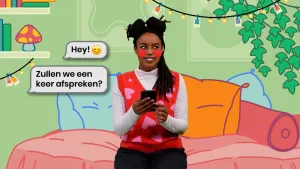 Een animatie van een getekende bank met daarop de foto van een presentator met rood getekende wangen. Naast de presentator is een tekstballon zichtbaar met de vraag "Zullen we een keer afspreken?". 