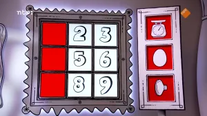 Een tekening van een tabel met negen vakjes. De linkerkolom is leeg en roodgekleurd. In de andere vakjes staan cijfers. Rechts naast de tabel staan drie rode plaatjes boven elkaar.