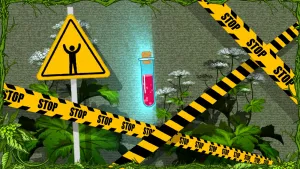 Illustratie van berenklauwplanten achter waarschuwingsborden en afzetlint.